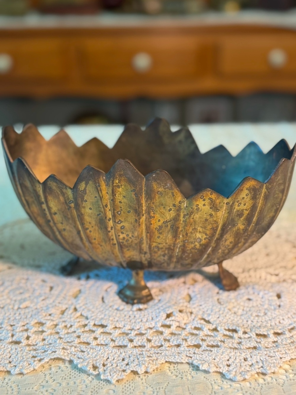 Antique-Style Brass Footed Scalloped Bowl - Gold Tone